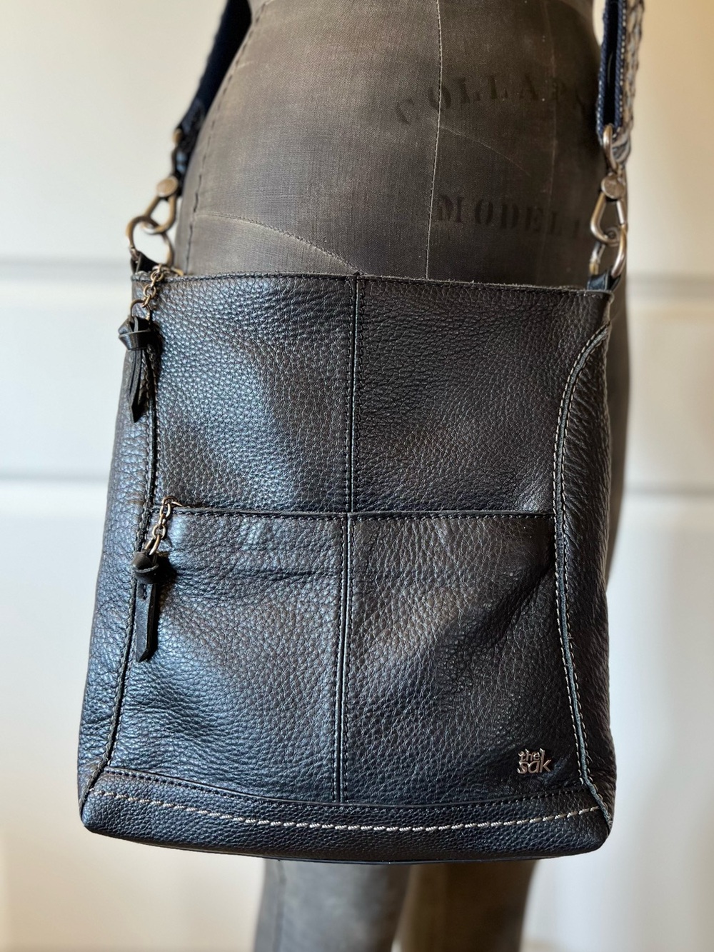 The Sak Lucia Black Leather Crossbody Bag Woven Adjustable Strap